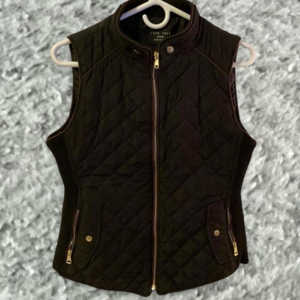 Love Tree Black Quilted Vest with Gold Accents